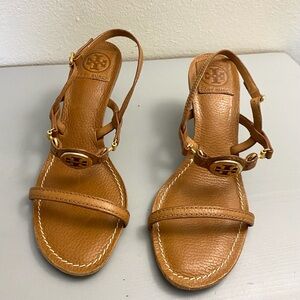Tory Burch Tan Leather Logo Strap Sandals